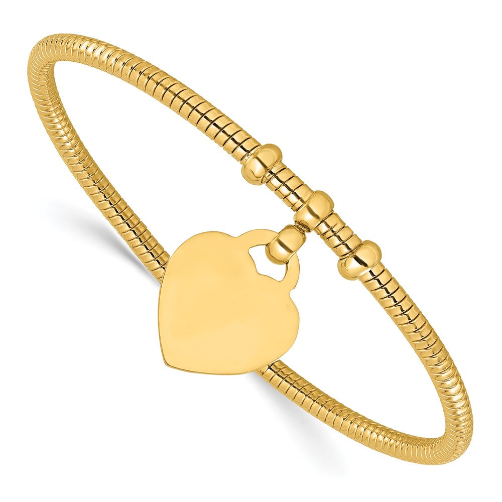 14K Polished and Textured Flexible Heart Dangle Bangle Bracelet (11.04 grams)
