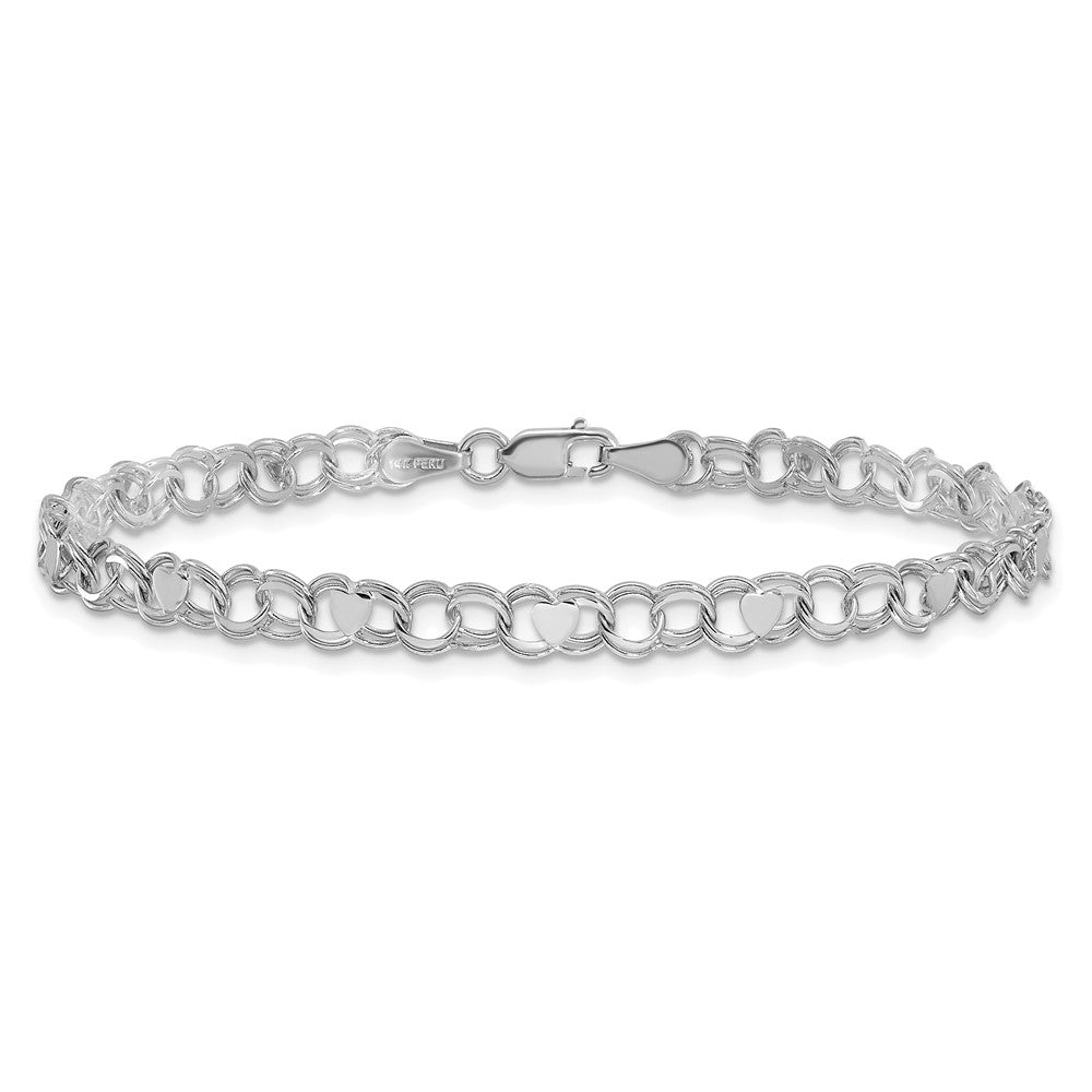 14k White Gold 4 mm Double Link Heart Charm Bracelet