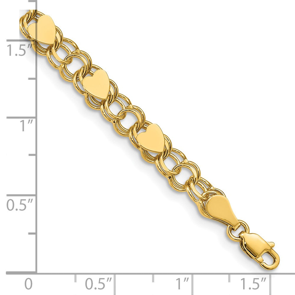 14k 6mm Solid Double Link with Hearts 8 inch Charm Bracelet (7.11 grams)