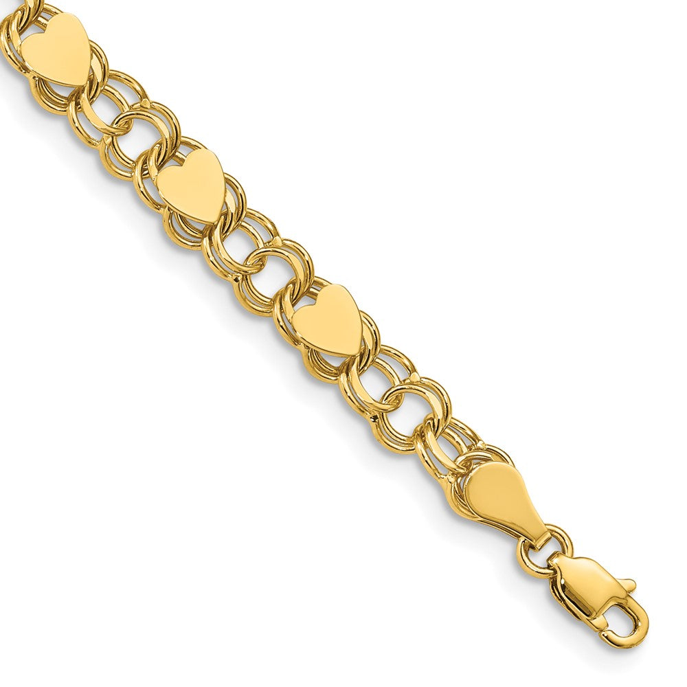 14k 6mm Solid Double Link with Hearts 8 inch Charm Bracelet (7.11 grams)