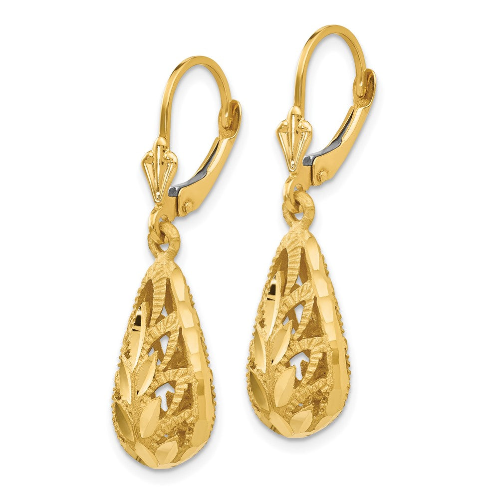 14k Yellow Gold 9 mm Polished and Diamond-Cut Dangle Leverback Earrings (4.05 grams)