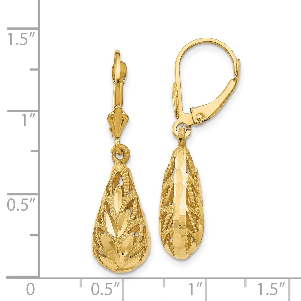 14k Yellow Gold 9 mm Polished and Diamond-Cut Dangle Leverback Earrings (4.05 grams)
