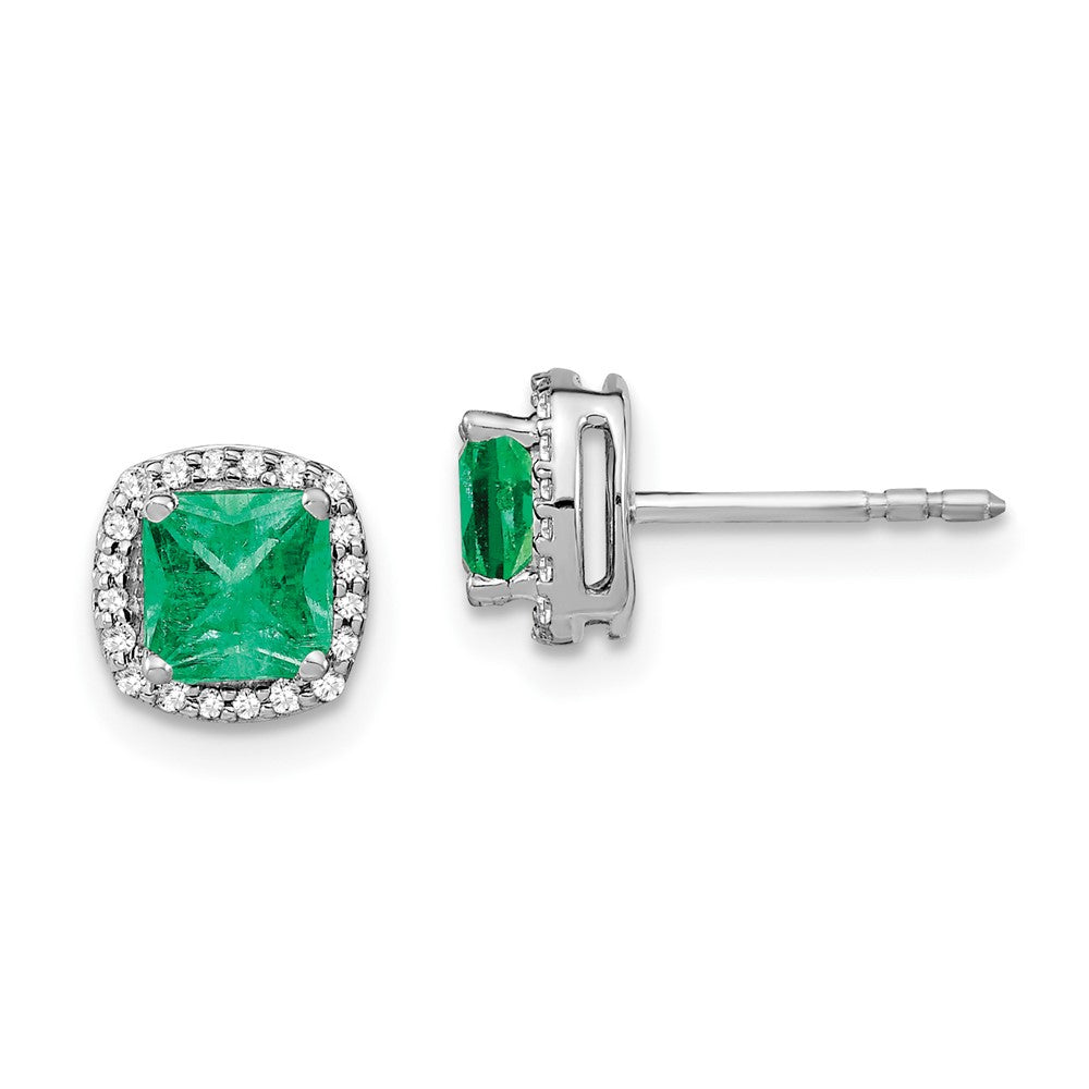 14k White Gold Cushion Emerald and Diamond Halo Earrings (1.6 grams)