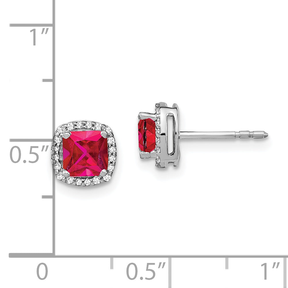 14k White Gold Cushion Ruby and Diamond Halo Earrings (1.6 grams)