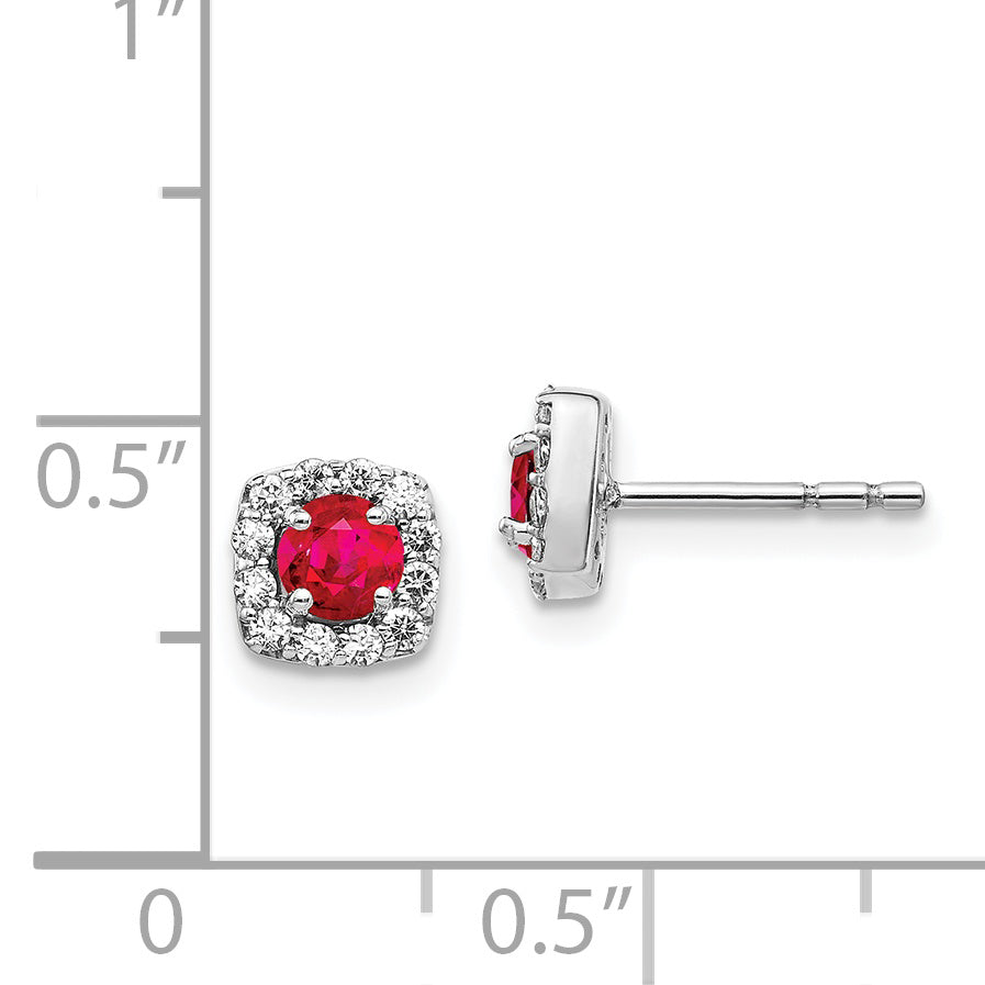 14k White Gold Diamond and Ruby Square Halo Earrings (1.2 grams)