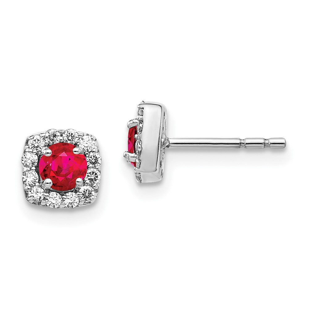 14k White Gold Diamond and Ruby Square Halo Earrings (1.2 grams)