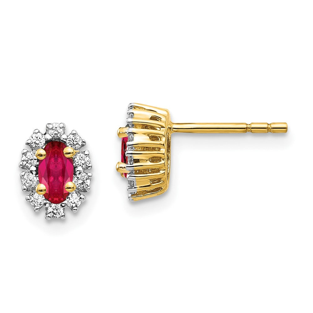 14k Yellow Gold Diamond and Ruby Oval Halo Earrings (1.12 grams)