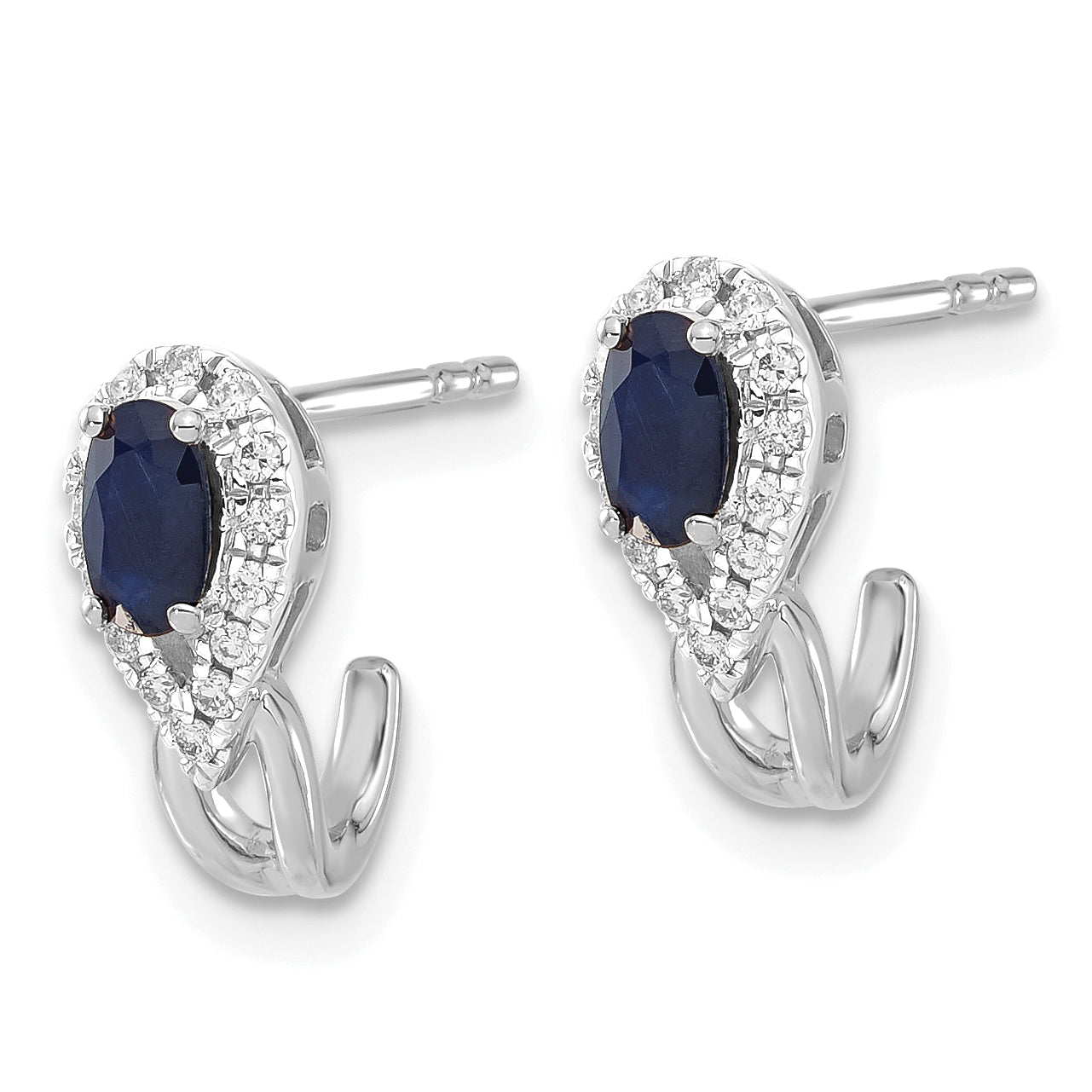 14k White Gold Diamond and Sapphire J Hoop Post Earrings (2.3 grams)