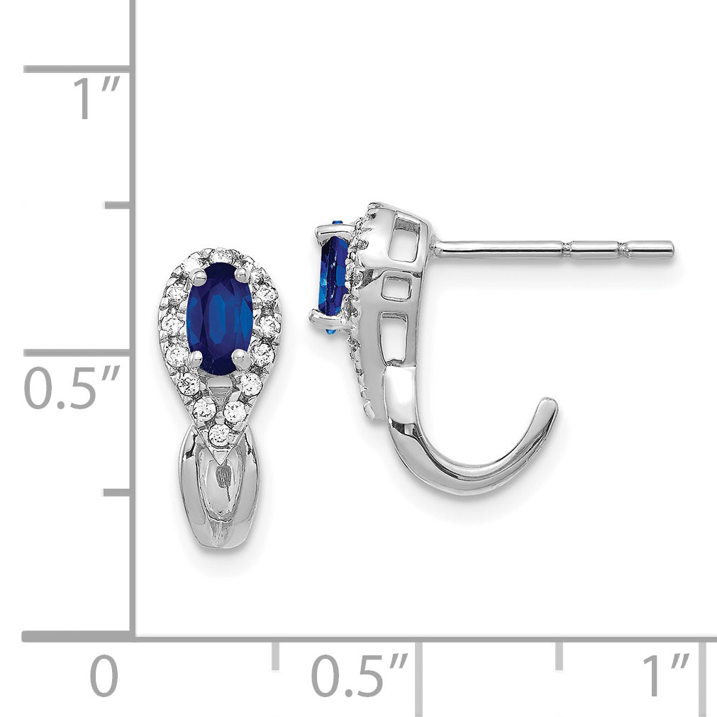 14k White Gold Diamond and Sapphire J Hoop Post Earrings (2.3 grams)