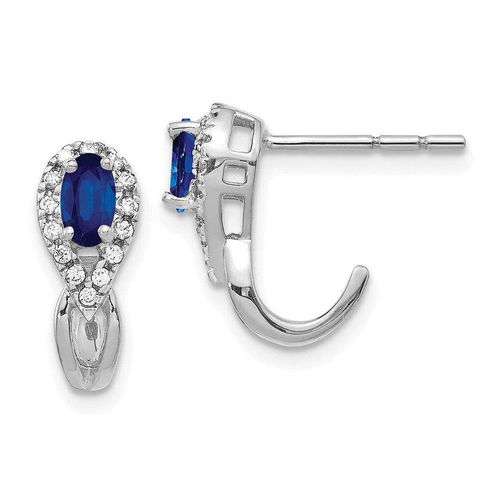 14k White Gold Diamond and Sapphire J Hoop Post Earrings (2.3 grams)