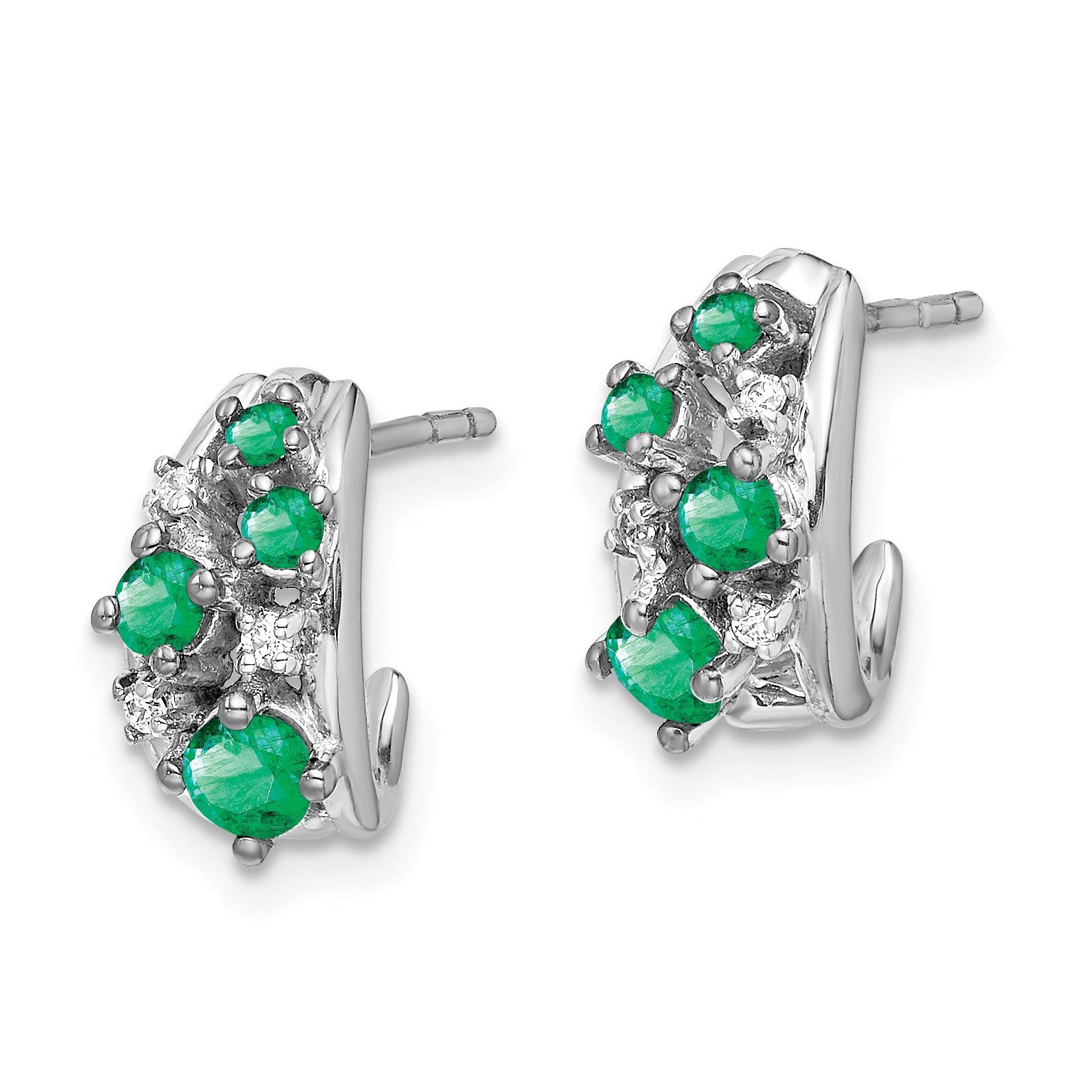 14k White Gold Diamond and Emerald Polished Post Hoop Earrings (2.7 grams)