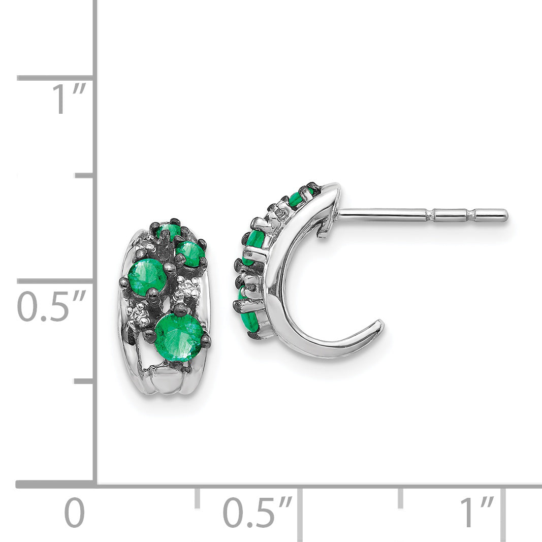 14k White Gold Diamond and Emerald Polished Post Hoop Earrings (2.7 grams)