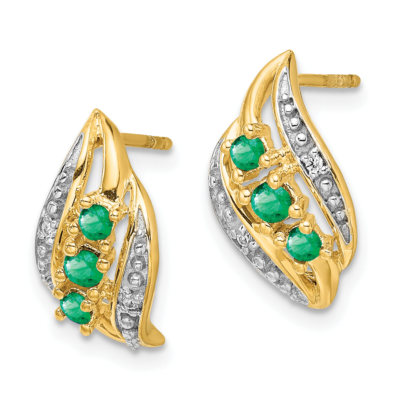 14k Gold w/ Emerald and Diamond Polished Post Earrings (2.12 grams)