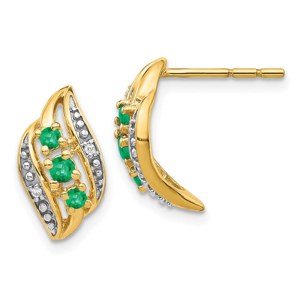 14k Gold w/ Emerald and Diamond Polished Post Earrings (2.12 grams)