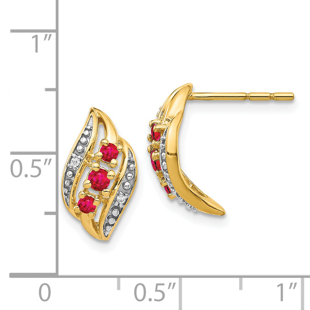 14k Gold w/ Siam Ruby and Diamond Polished Post Earrings (2.12 grams)