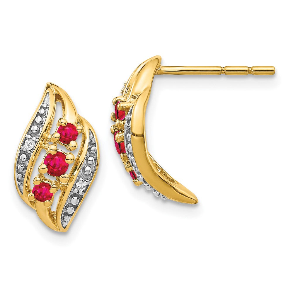 14k Gold w/ Siam Ruby and Diamond Polished Post Earrings (2.12 grams)