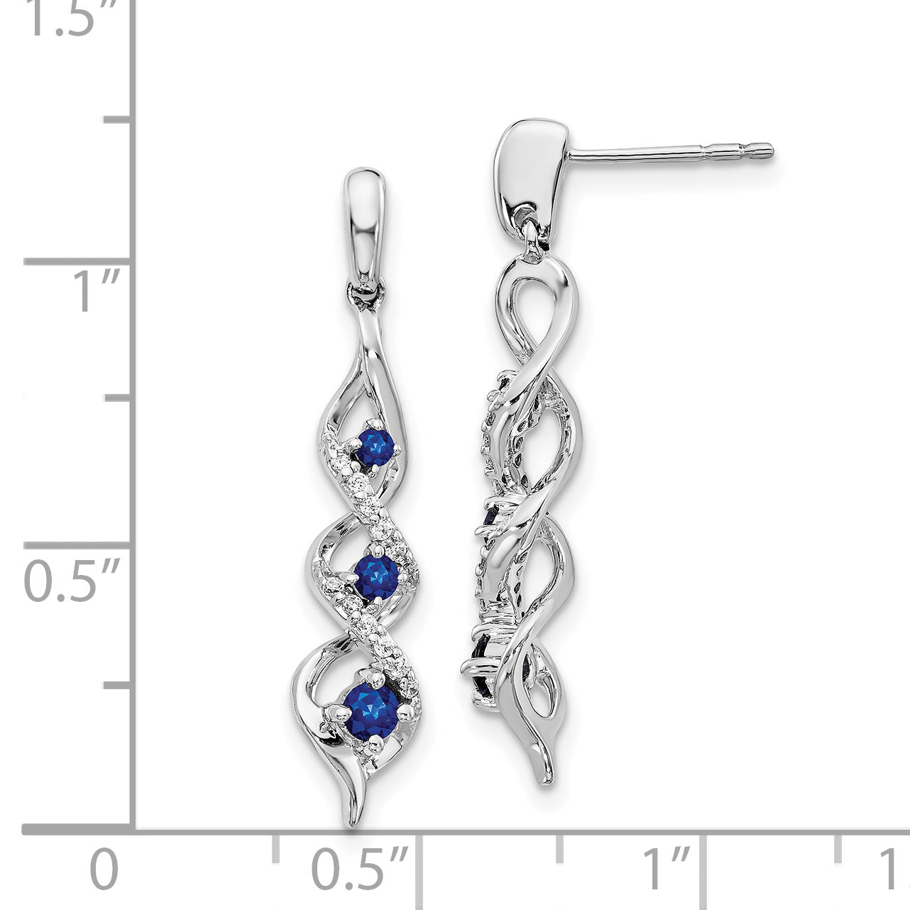 14k White Gold Diamond and Blue Sapphire Post Dangle Earrings (2.97 grams)