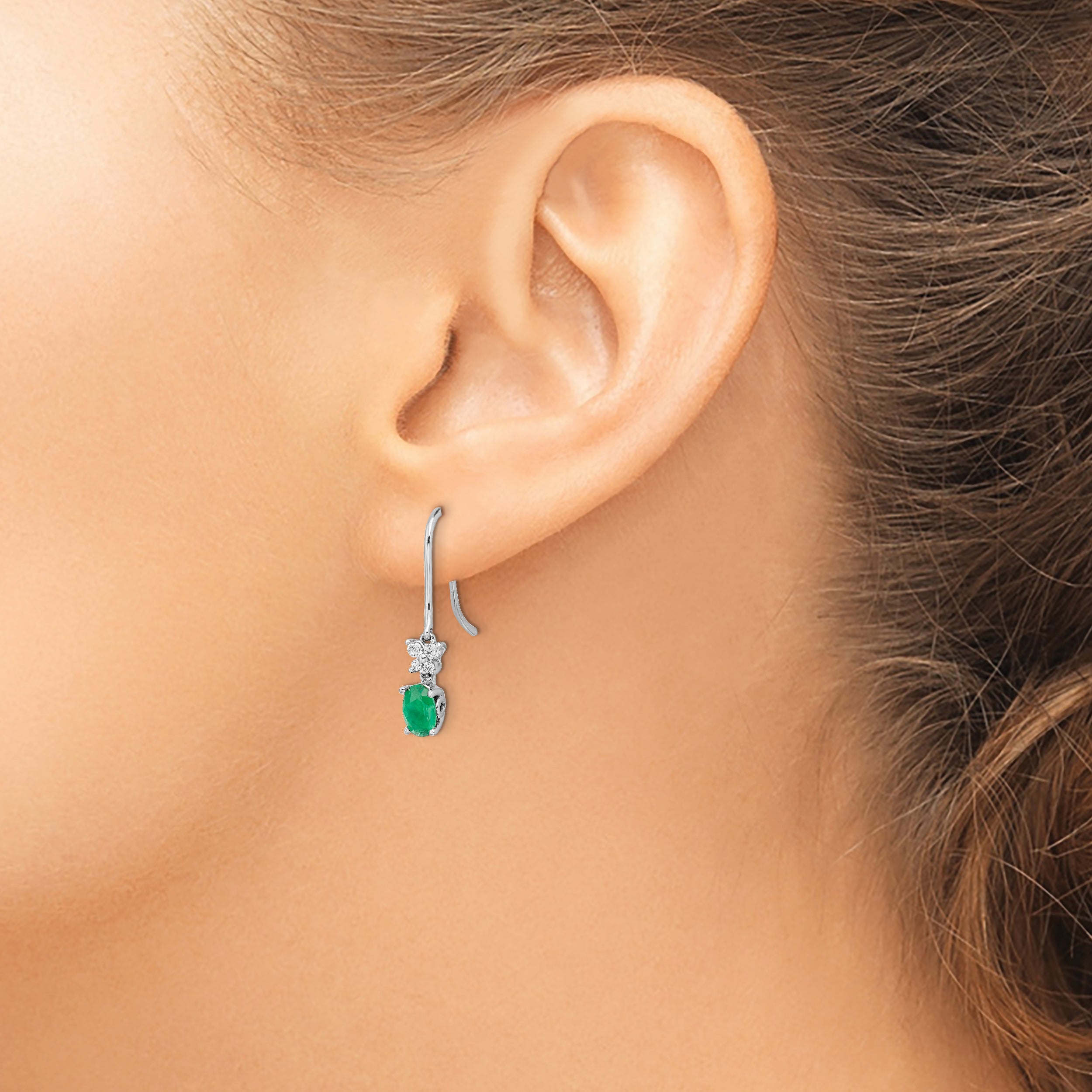 14k White Gold 1/8ct Diamond and Oval Emerald Dangle Earrings (1.55 grams)