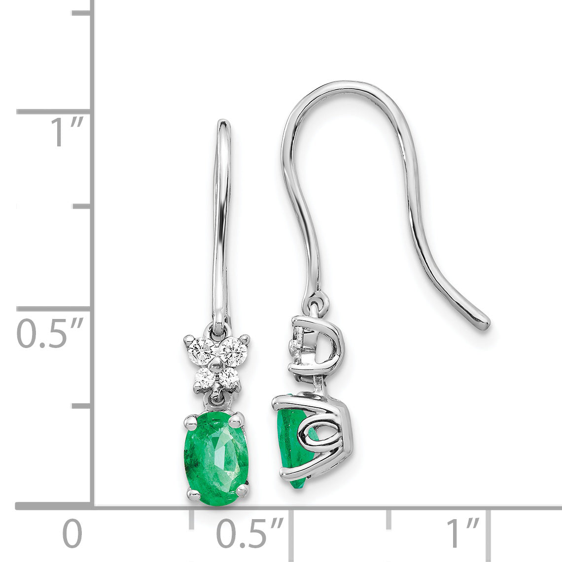 14k White Gold 1/8ct Diamond and Oval Emerald Dangle Earrings (1.55 grams)