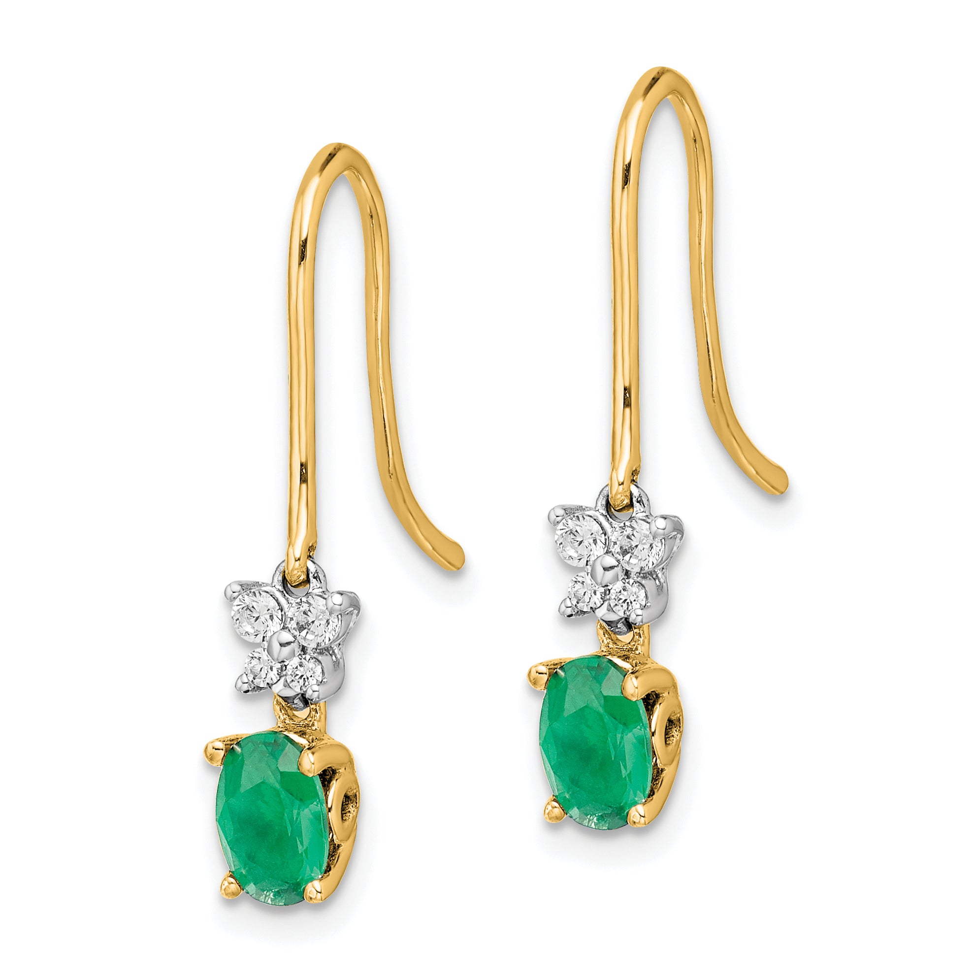 14k Two-tone 1/8ct Diamond and Oval Emerald Shepherd Hook Earrings (1.55 grams)