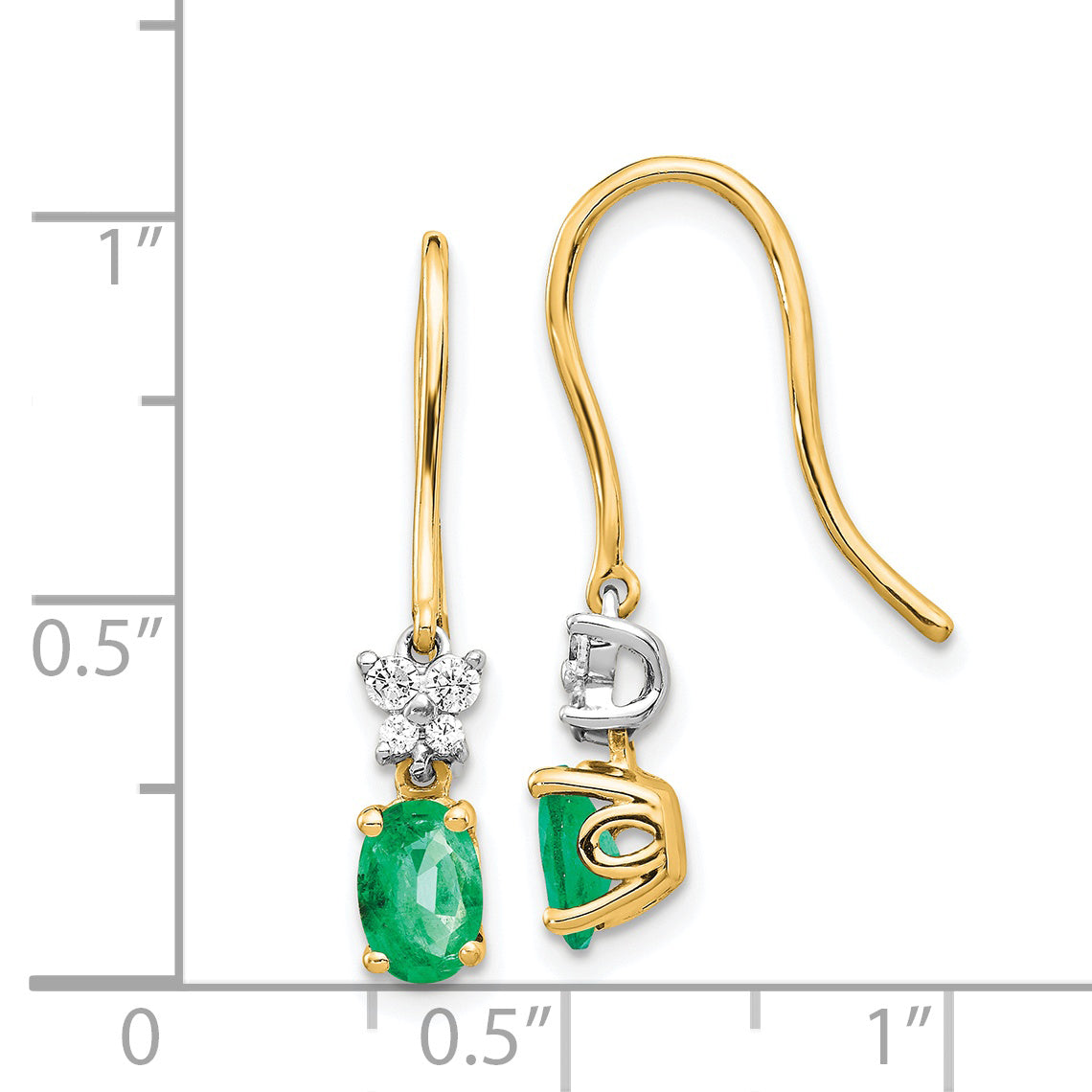 14k Two-tone 1/8ct Diamond and Oval Emerald Shepherd Hook Earrings (1.55 grams)