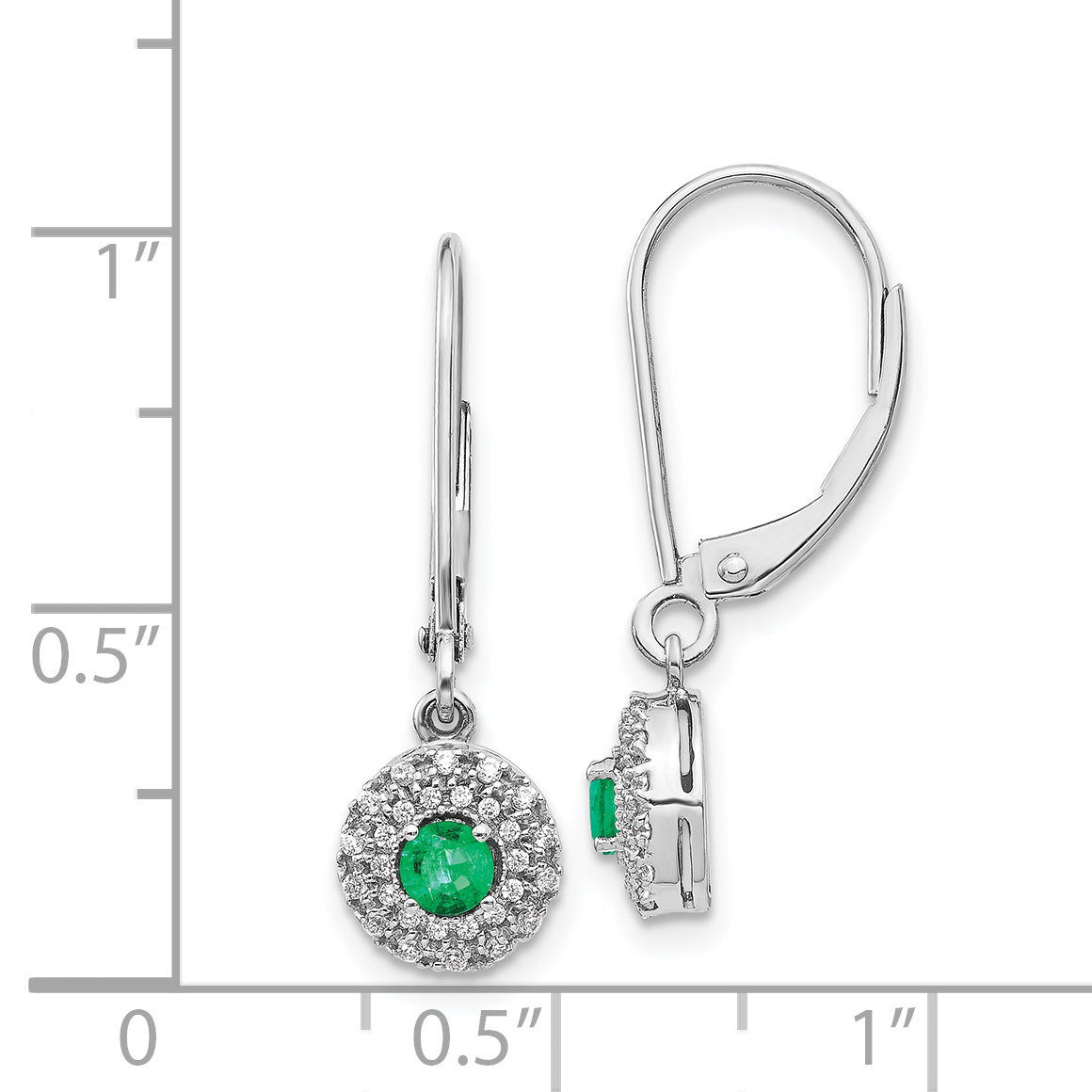 14k White Gold Diamond Halo Emerald Leverback Dangle Earrings (1.9 grams)