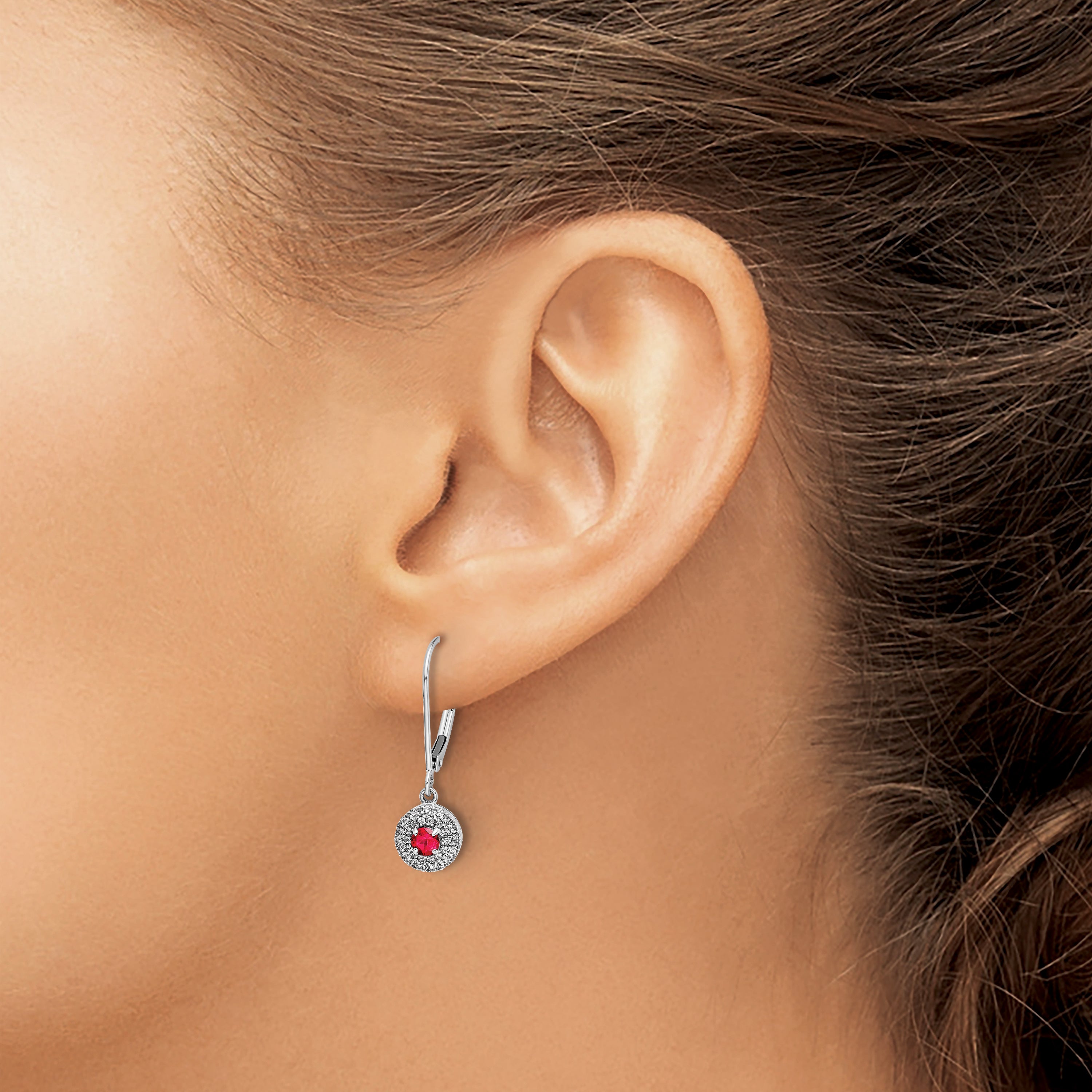 14k White Gold Diamond Halo Ruby Leverback Dangle Earrings (1.9 grams)