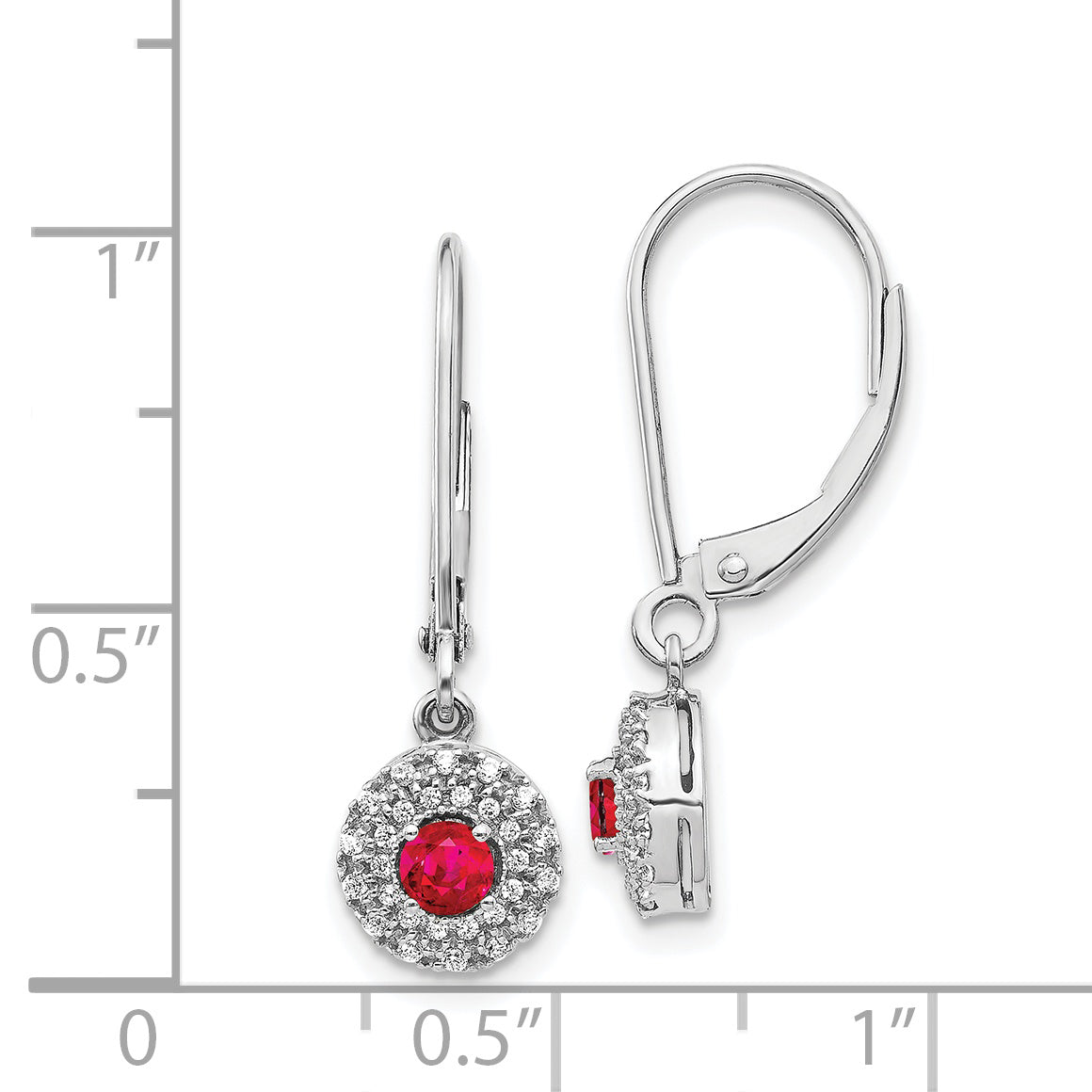 14k White Gold Diamond Halo Ruby Leverback Dangle Earrings (1.9 grams)