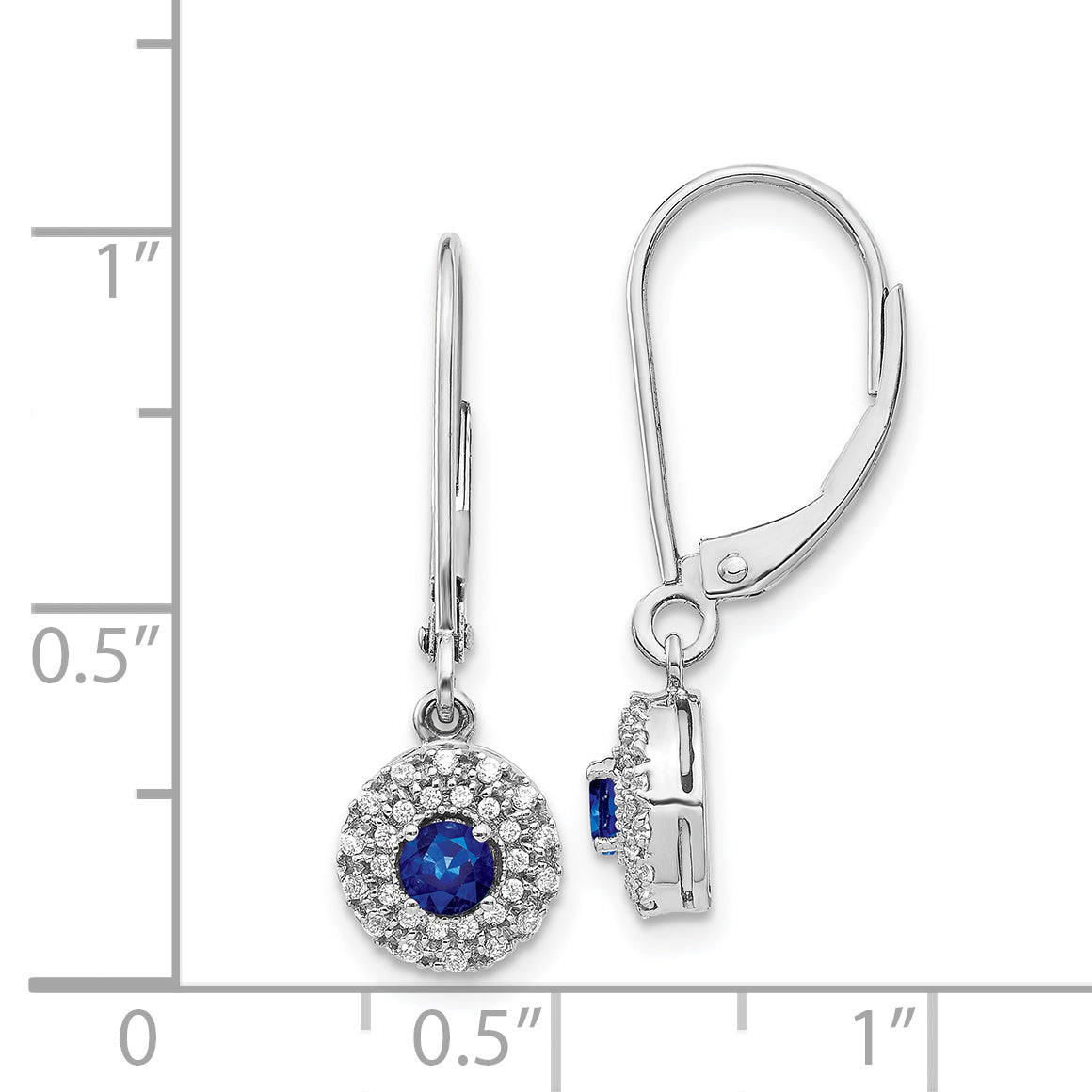 14k White Gold Diamond Halo Sapphire Leverback Dangle Earrings (1.9 grams)