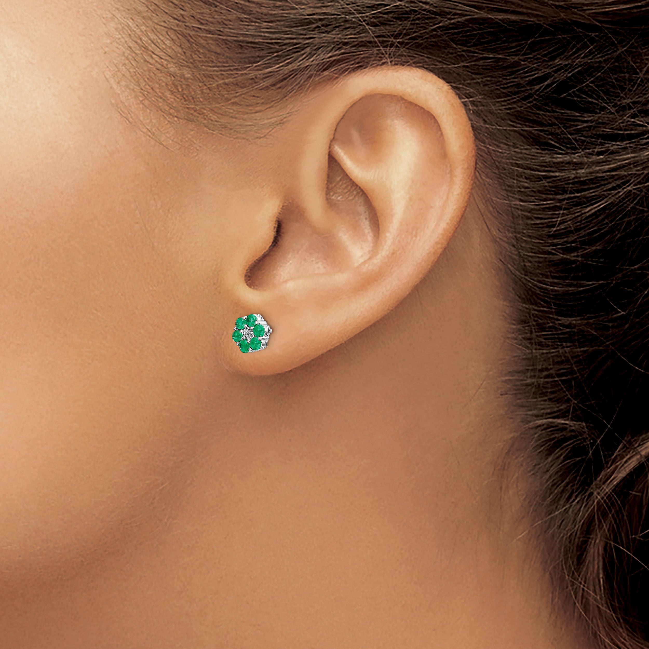 14k White Gold Polished Emerald and Diamond Post Earrings (1.27 grams)