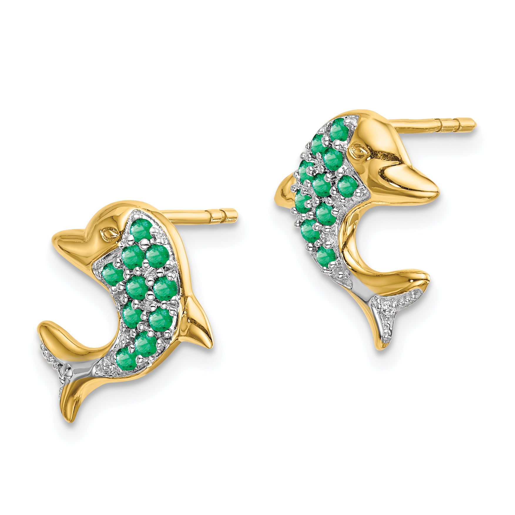 14k and Rhodium Emerald and Diamond Dolphin Post Earrings (1.62 grams)