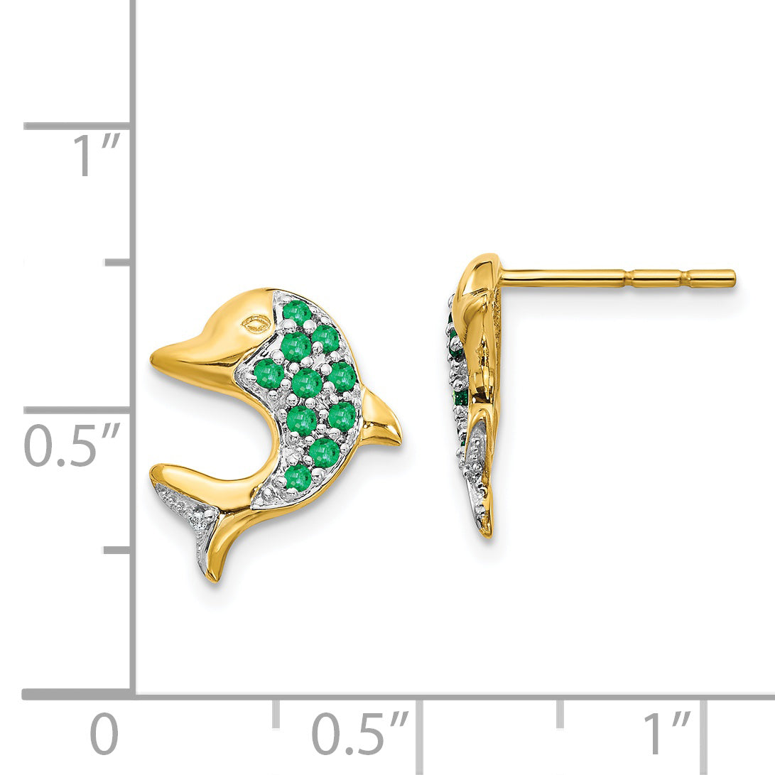 14k and Rhodium Emerald and Diamond Dolphin Post Earrings (1.62 grams)