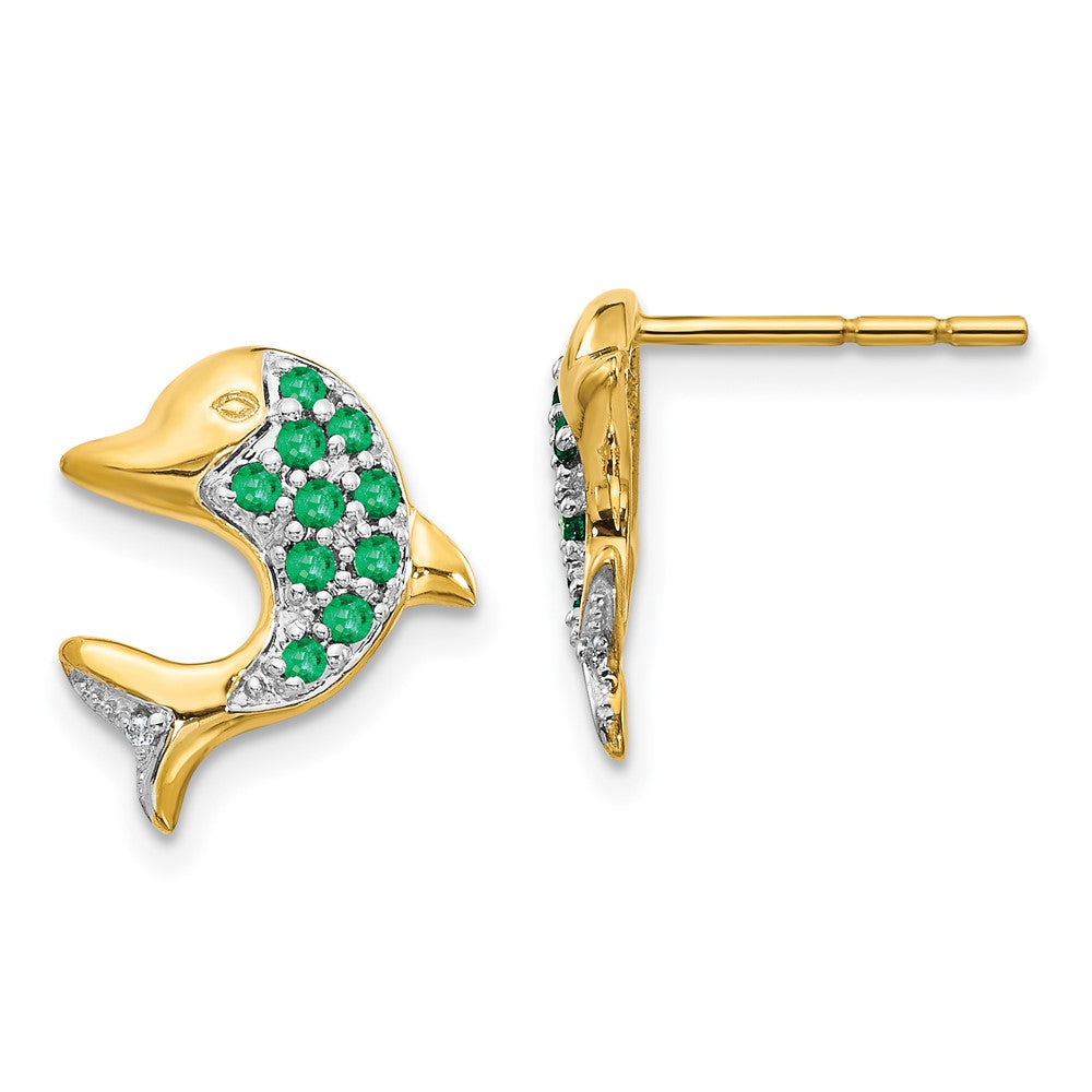 14k and Rhodium Emerald and Diamond Dolphin Post Earrings (1.62 grams)