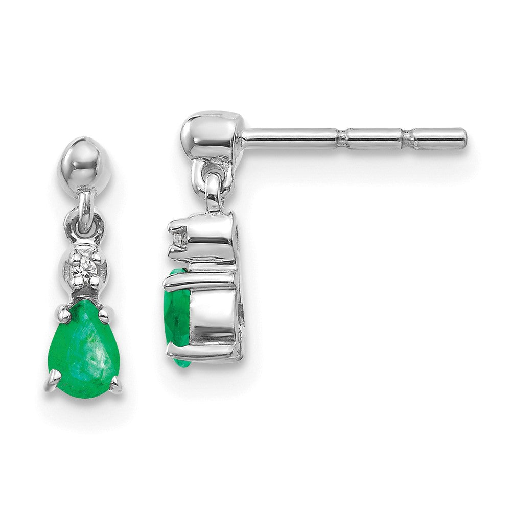 14k White Gold Emerald and Diamond Dangle Post Earrings (1.07 grams)