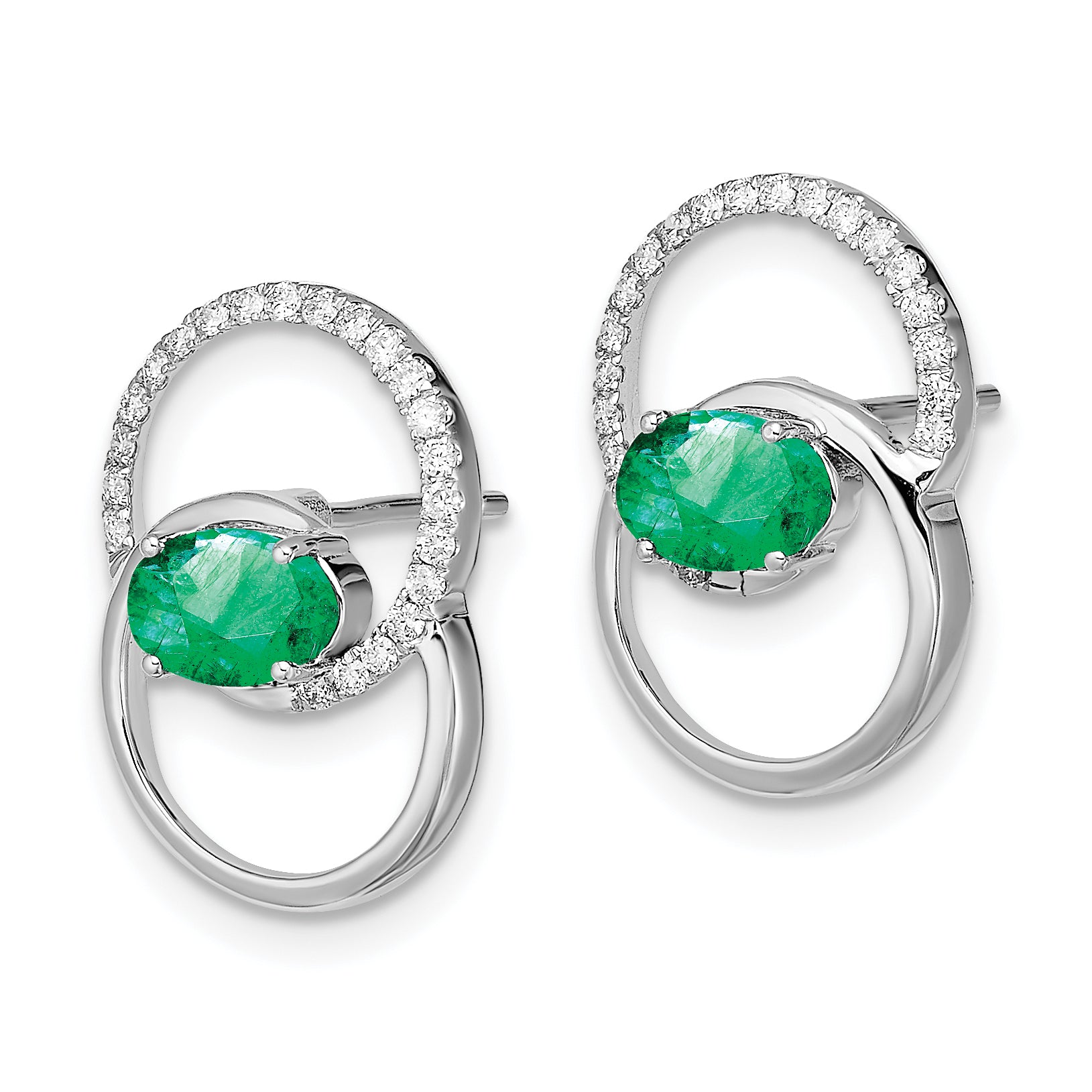 14k White Gold Double Circle Emerald/Diamond Post Earrings (1.9 grams)