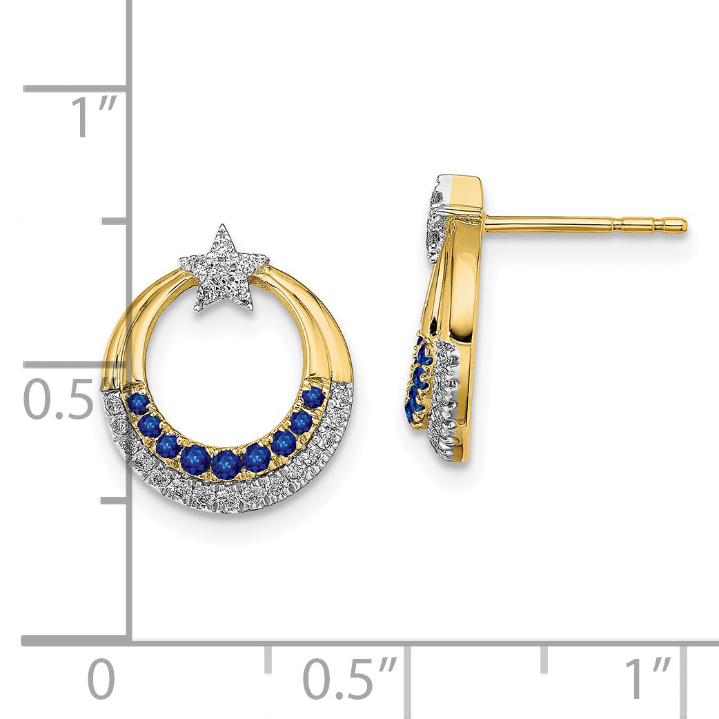 14k Polished Sapphire and Diamond Star and Circle Post Earrings (1.9 grams)