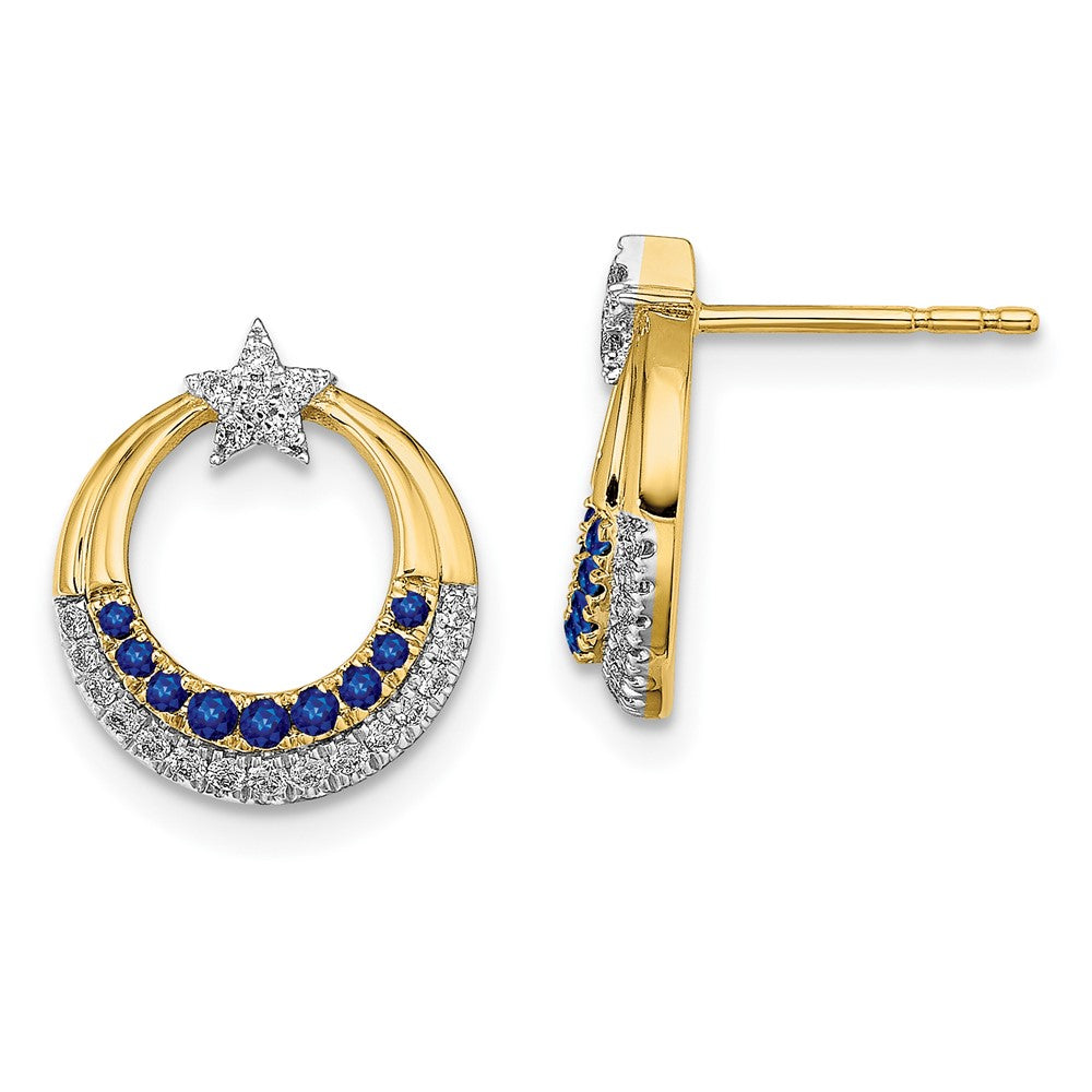 14k Polished Sapphire and Diamond Star and Circle Post Earrings (1.9 grams)