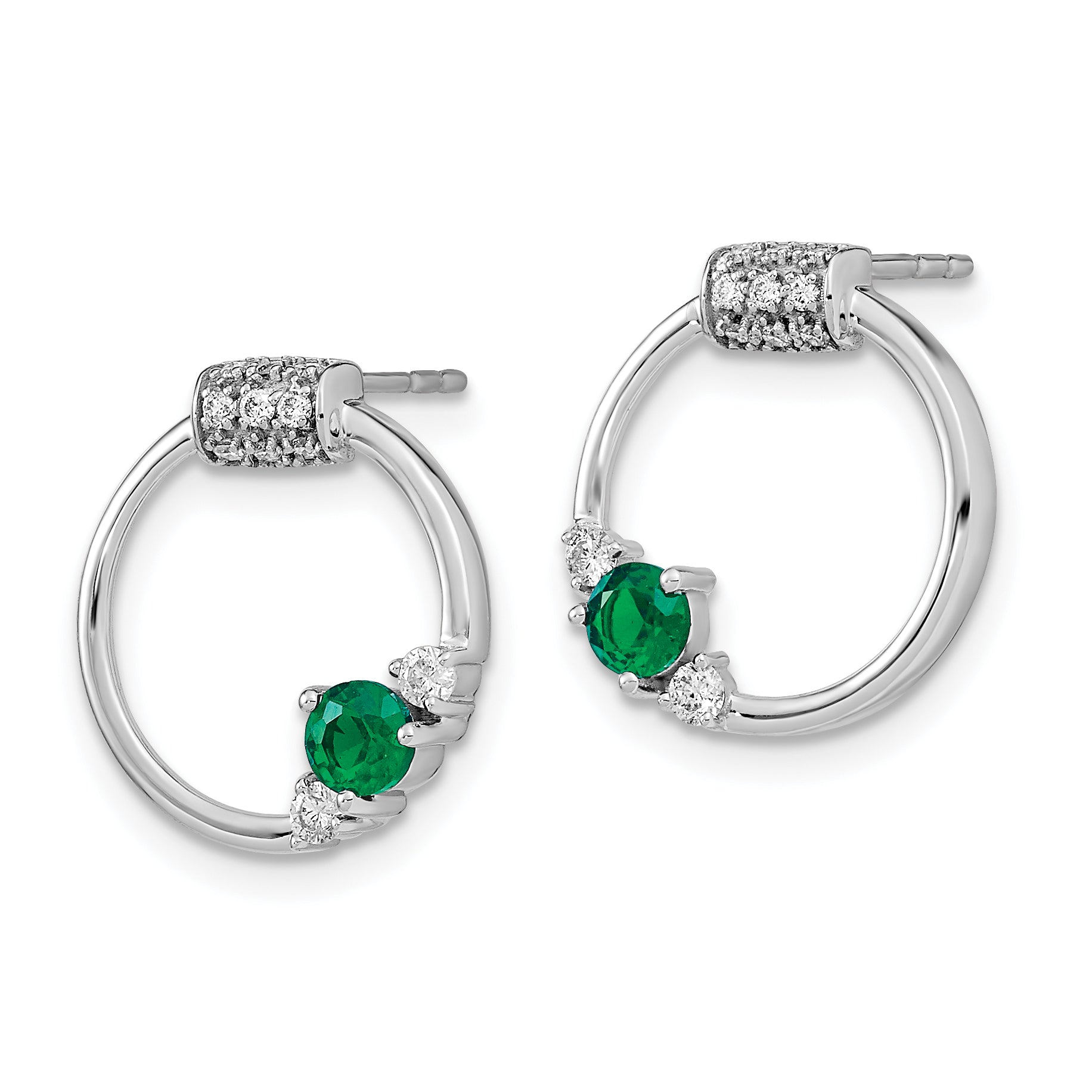 14k White Gold Diamond and Emerald Circle Post Earrings (2.1 grams)