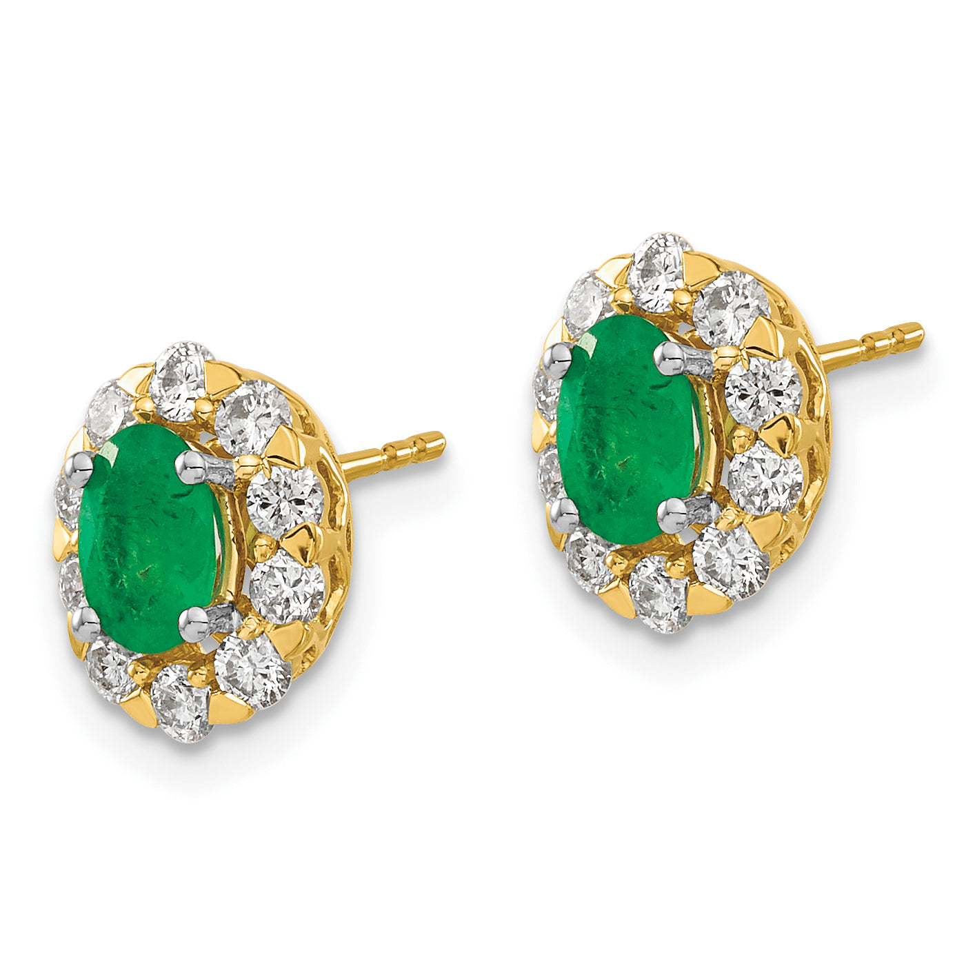 14k Oval Emerald and Diamond Halo Post Earrings (1.98 grams)