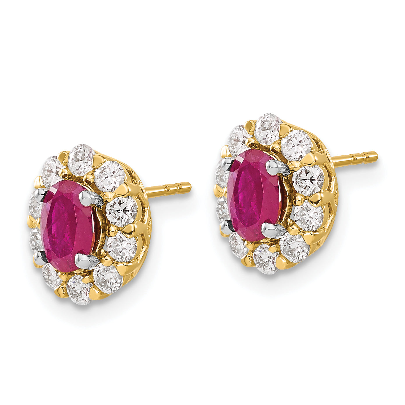 14k Oval Ruby and Diamond Halo Post Earrings (1.98 grams)
