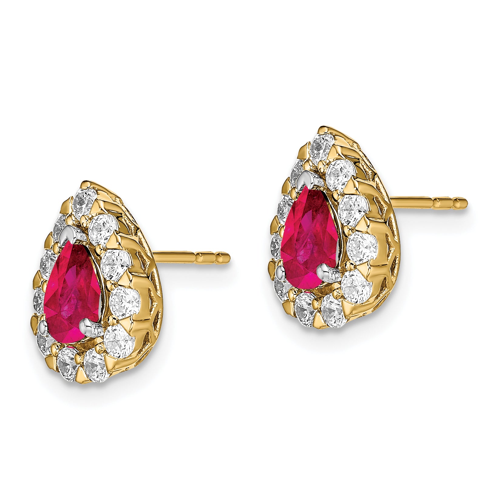 14k Pear Ruby and Diamond Halo Post Earrings (2.36 grams)