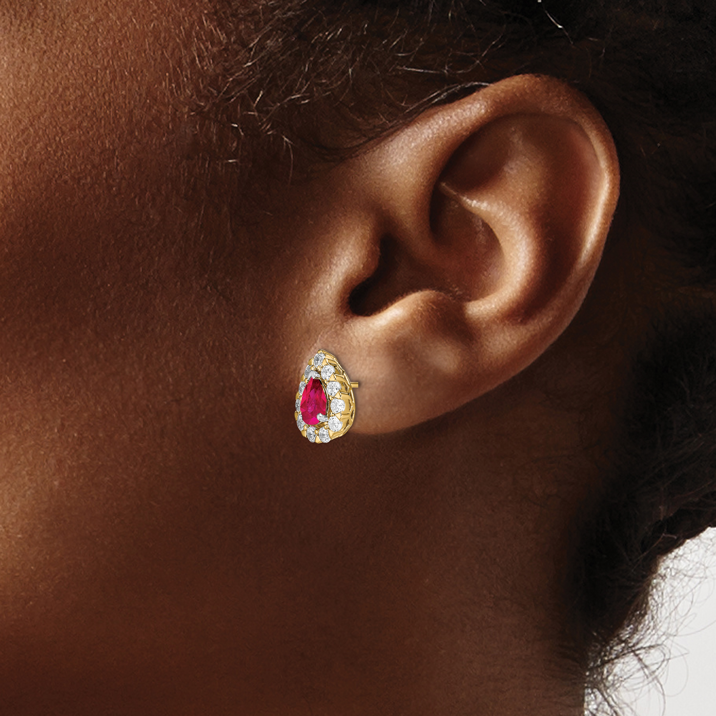 14k Pear Ruby and Diamond Halo Post Earrings (2.36 grams)