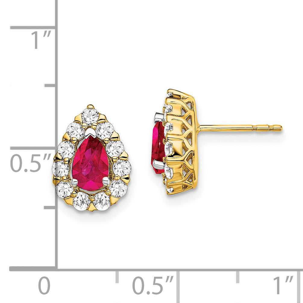 14k Pear Ruby and Diamond Halo Post Earrings (2.36 grams)