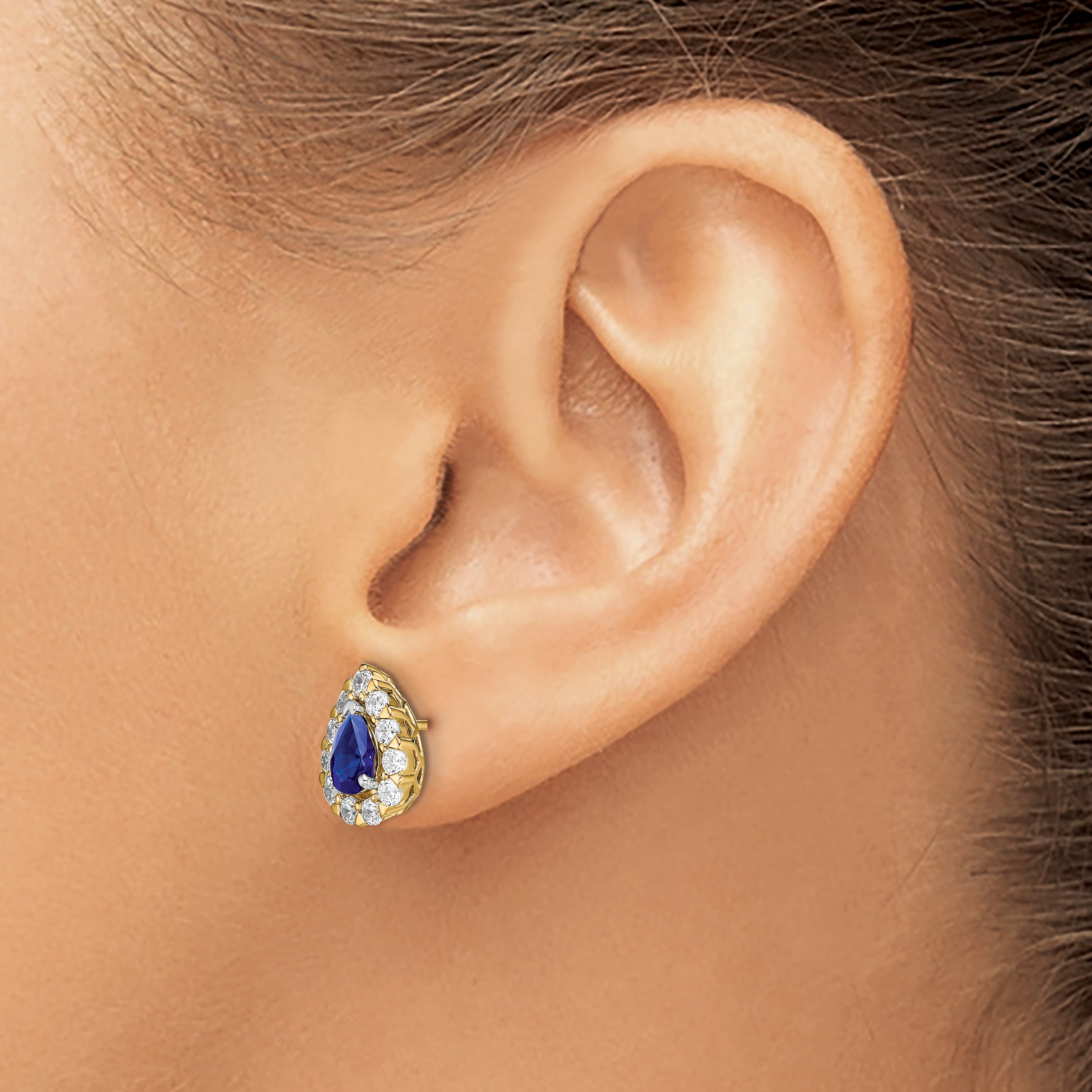 14k Pear Sapphire and Diamond Halo Post Earrings (2.36 grams)