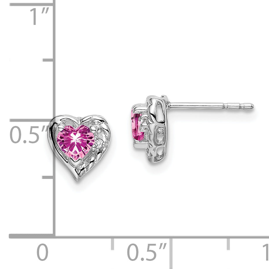 14k White Gold Created Pink Sapphire and Diamond Heart Earrings (1.15 grams)