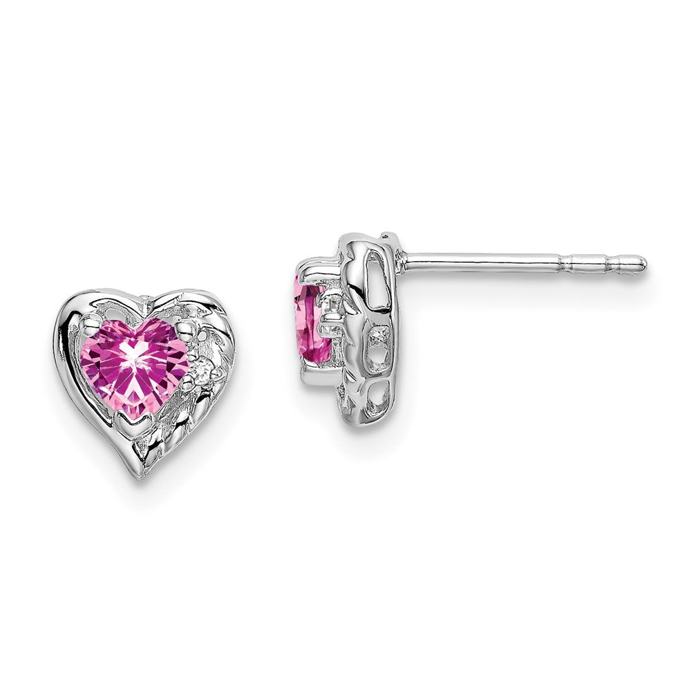 14k White Gold Created Pink Sapphire and Diamond Heart Earrings (1.15 grams)