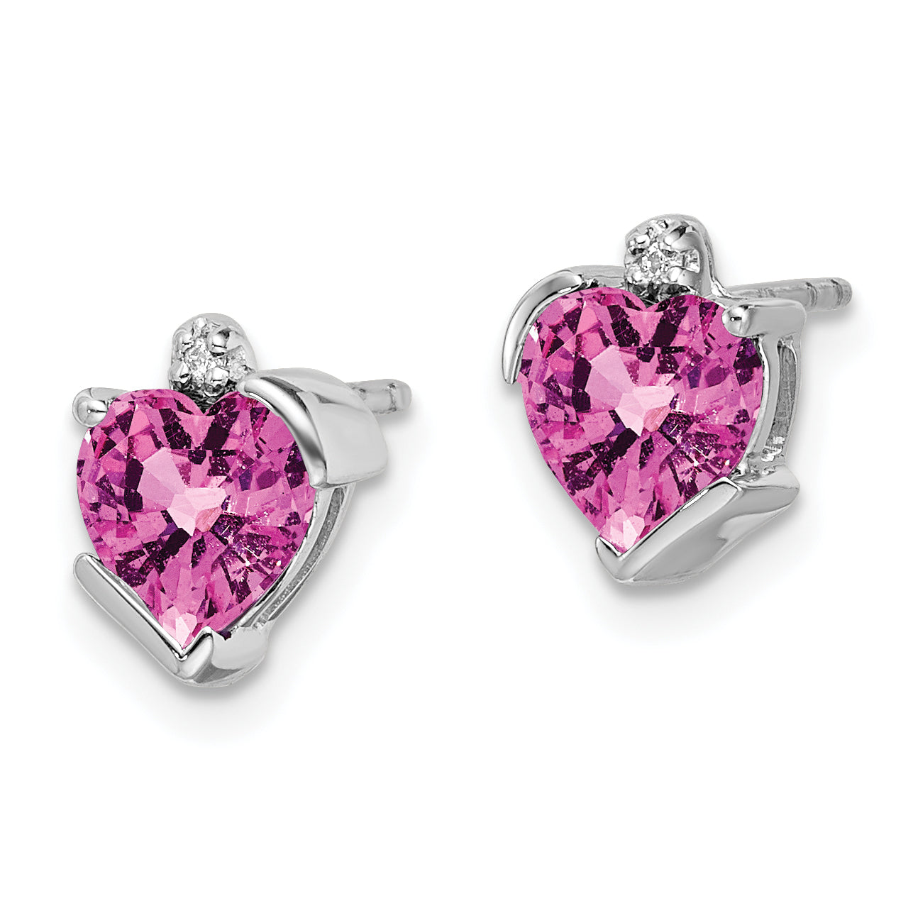 14k White Gold Created Pink Sapphire and Diamond Heart Earrings (1.27 grams)