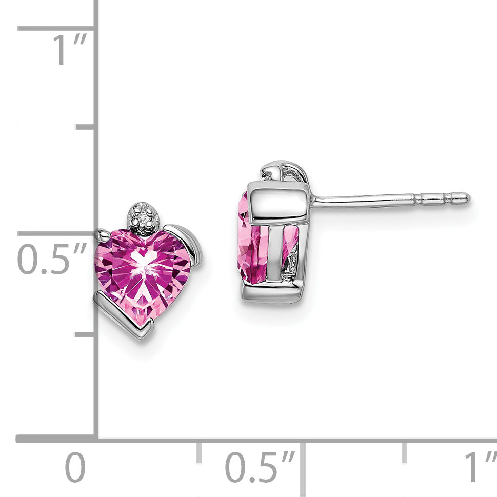 14k White Gold Created Pink Sapphire and Diamond Heart Earrings (1.27 grams)