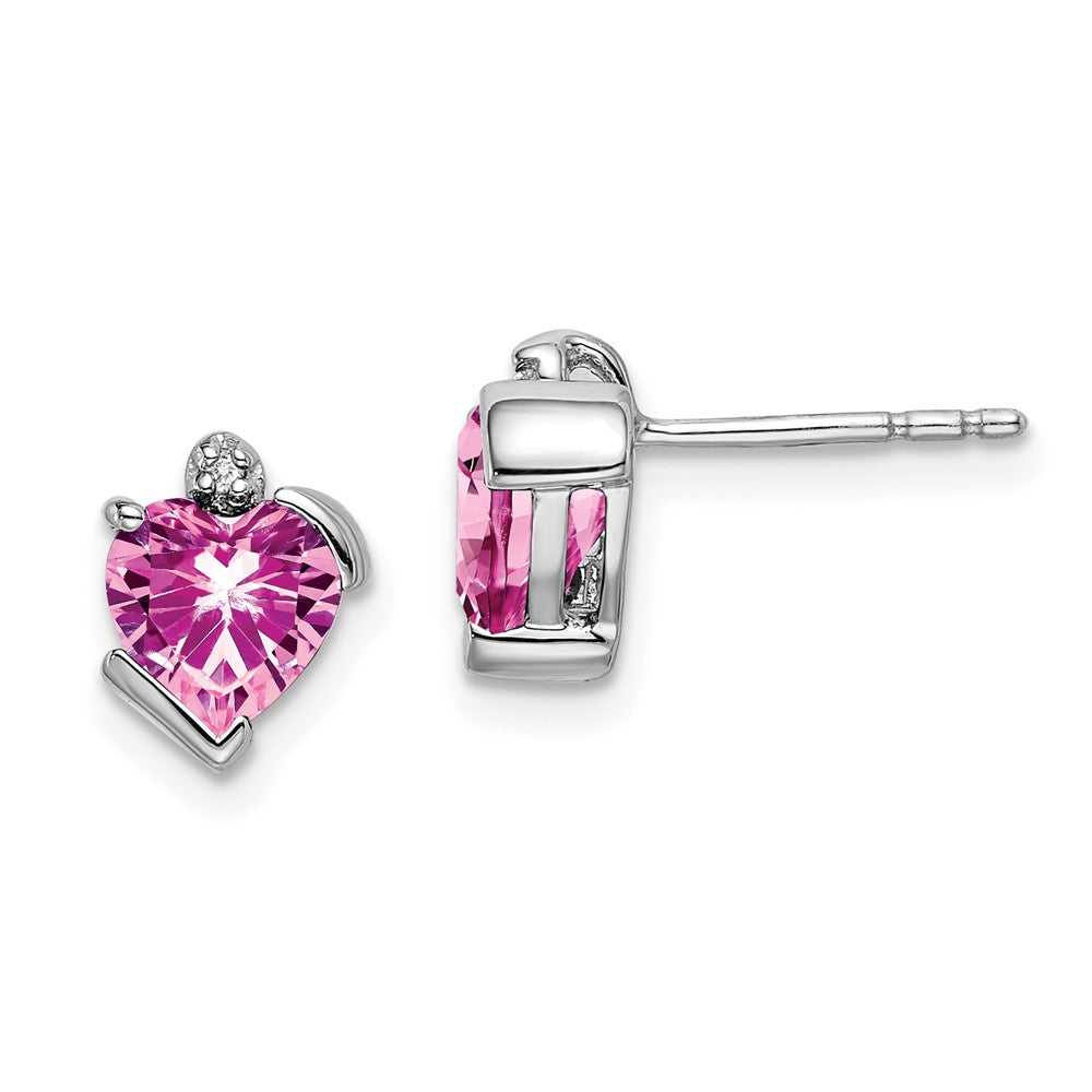 14k White Gold Created Pink Sapphire and Diamond Heart Earrings (1.27 grams)