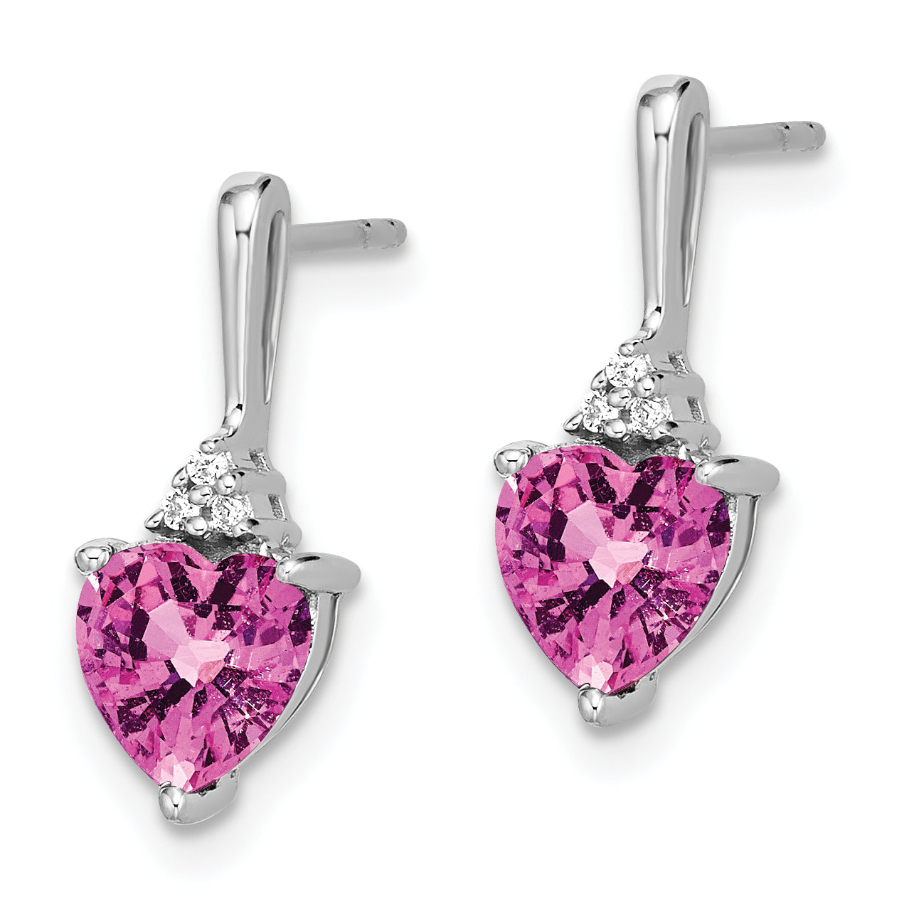 14k White Gold Created Pink Sapphire and Diamond Heart Earrings (1.5 grams)